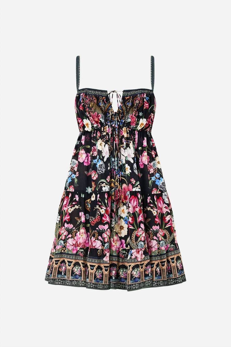 NEW CAMILLA women's gathered bust tiered mini dress in midnight in monserrate